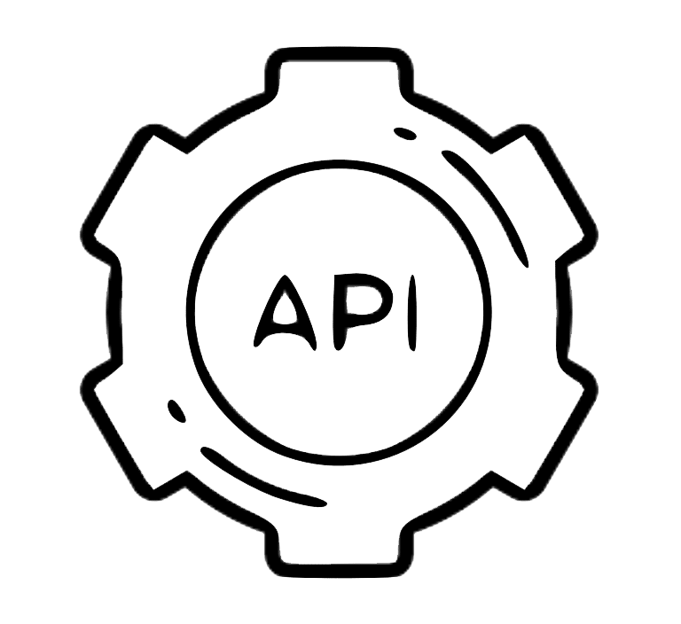 Illustration en noir et blanc d'un engrenage avec les lettres « API » au centre, représentant une interface de programmation d'application.