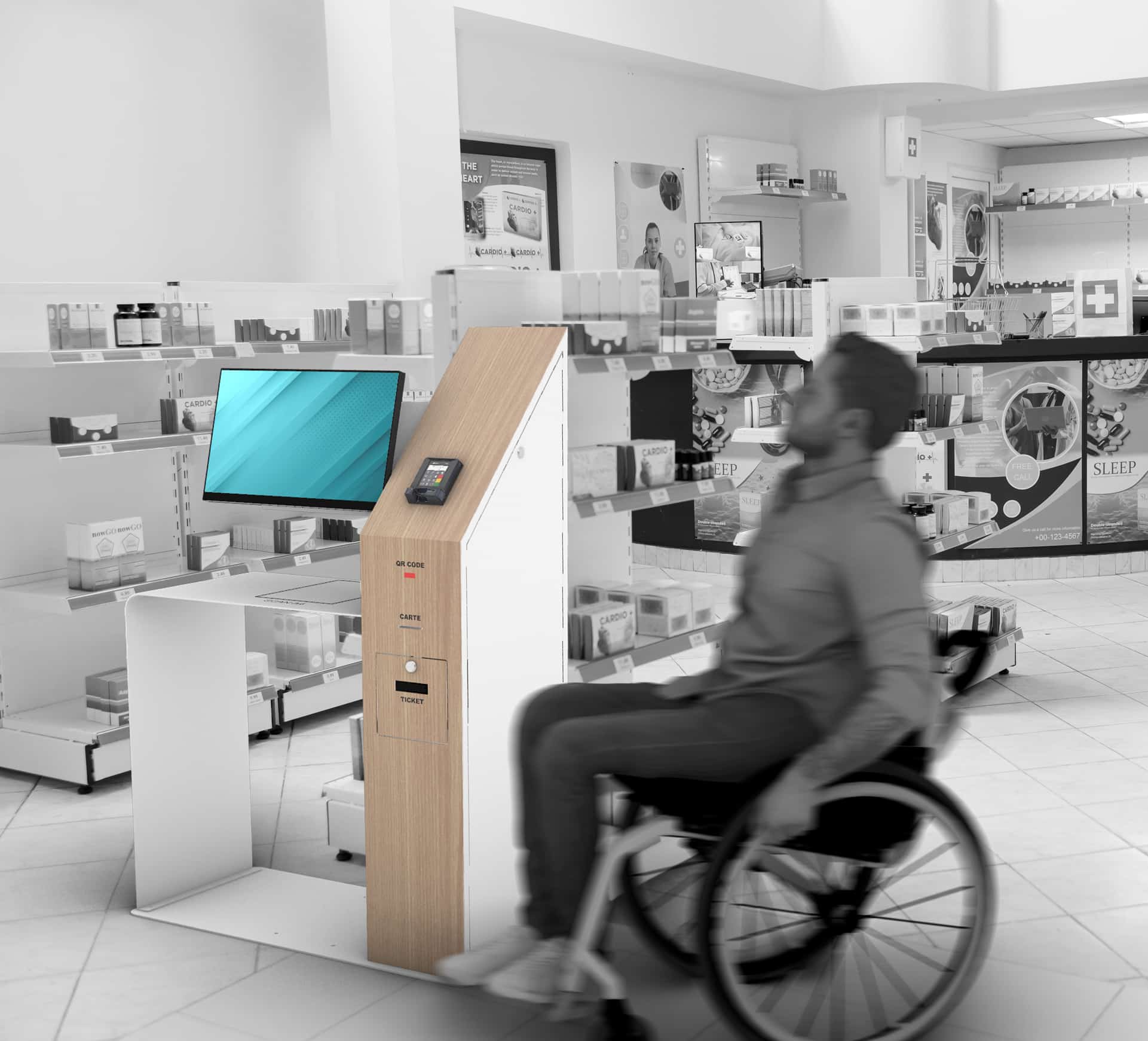 Un homme en fauteuil roulant utilise un kiosque libre-service accessible dans une pharmacie ou un magasin de détail.