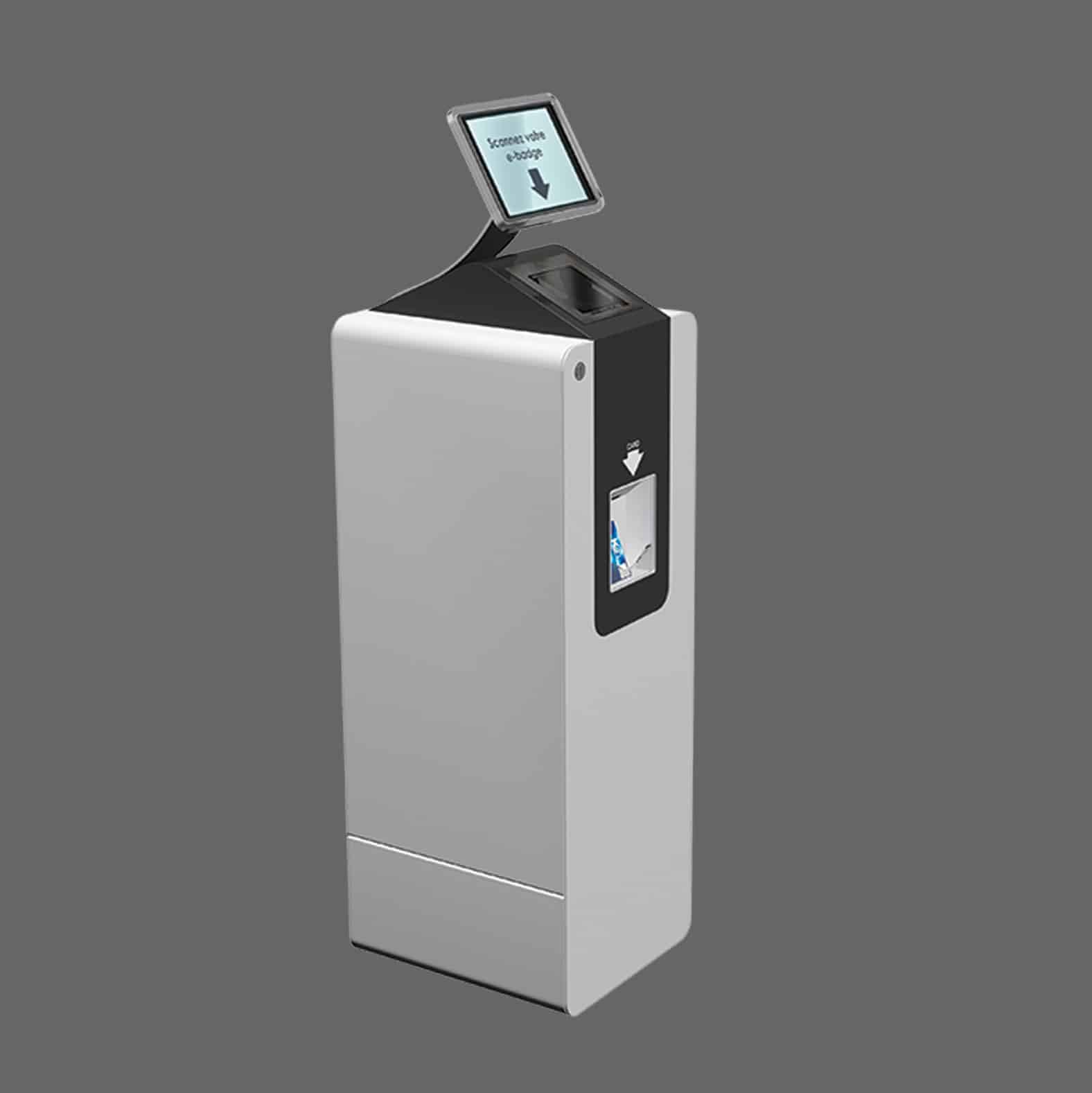 Un kiosque de Borne Tactile doté d'un écran tactile, d'un lecteur d'empreintes digitales et d'un lecteur de cartes se détache sur un fond gris uni.