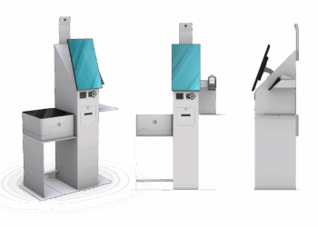 BORNES-STANDARD-2026-blanc-complete Trois vues d'un kiosque de libre-service sur pied avec un écran tactile, un lecteur de cartes, une imprimante de reçus et une corbeille à la base, vues de face, de côté et en angle.