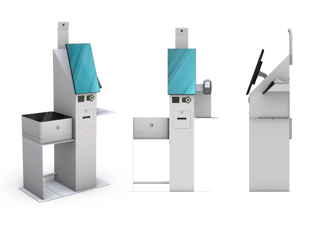Trois vues d'un kiosque de libre-service sur pied avec un écran tactile, un lecteur de cartes, une imprimante de reçus et une corbeille à la base, vues de face, de côté et en angle.