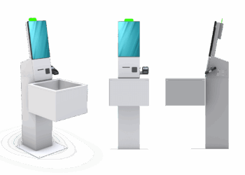 BORNES-STANDARD-SCO-RFID-2026 Trois vues d'une borne numérique en libre-service avec écran tactile, lecteur de cartes et plateau encastré sont présentées de face, d'angle et de côté sur fond blanc.