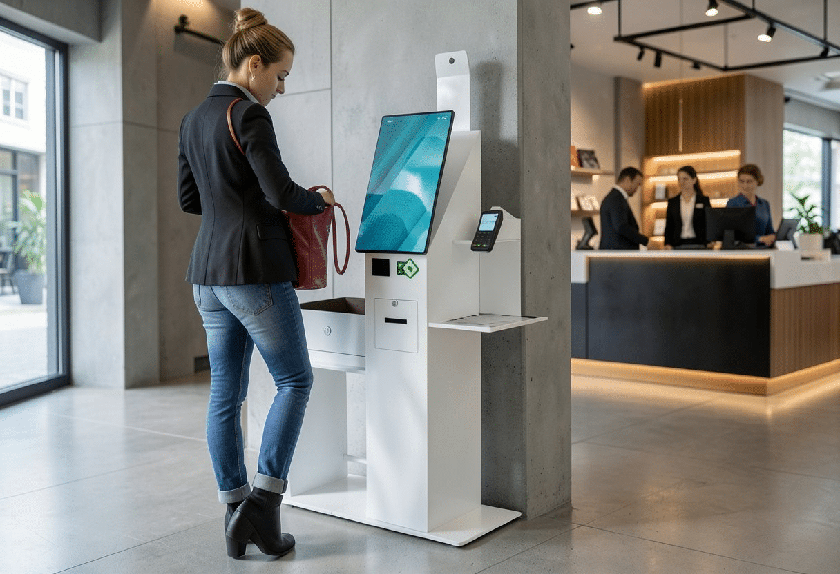 Une femme utilise une borne libre-service K2 CORP dans un hall d'entrée moderne, tandis que trois membres du personnel travaillent derrière un bureau d'accueil à l'arrière-plan.