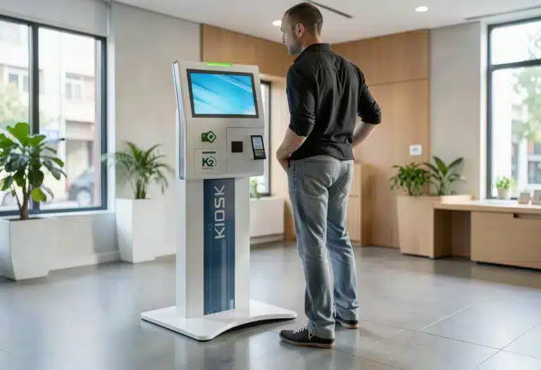 PHOTO 1 paykiosk-comptoir-sur-pied-integration-photo 1 768x525.jpg.we Un homme se tient devant une borne accessible, spécialement conçue comme « Borne pour Bailleurs Sociaux », dans le hall d'un immeuble de bureaux moderne doté de grandes baies vitrées, de plantes et de touches de bois.