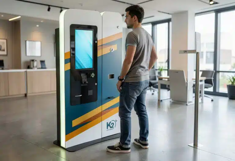 PHOTO 2 paykiosk-CSI-integration-768x525.jpg Un homme en tenue décontractée se tient devant un bornet moderne et accessible, installé dans un espace de bureau lumineux et ouvert.