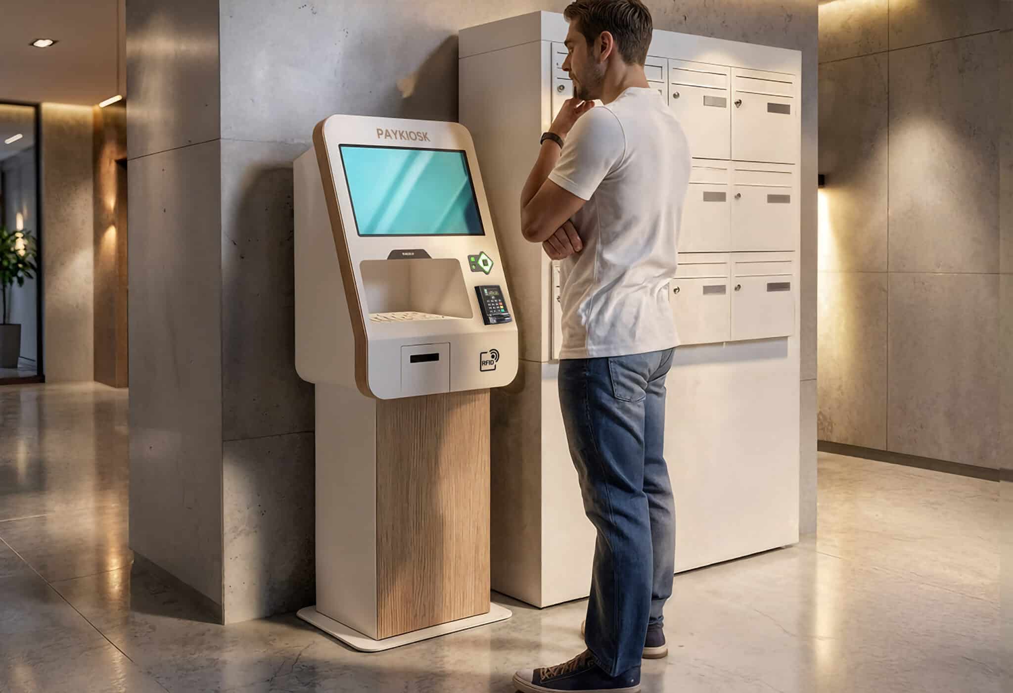 Un homme se tient devant un « Borne pour Bailleurs Sociaux », une borne de paiement en libre-service accessible à tous les utilisateurs, y compris les personnes en situation de handicap, dans un hall d'entrée moderne équipé de boîtes aux lettres et doté d'un sol en marbre.